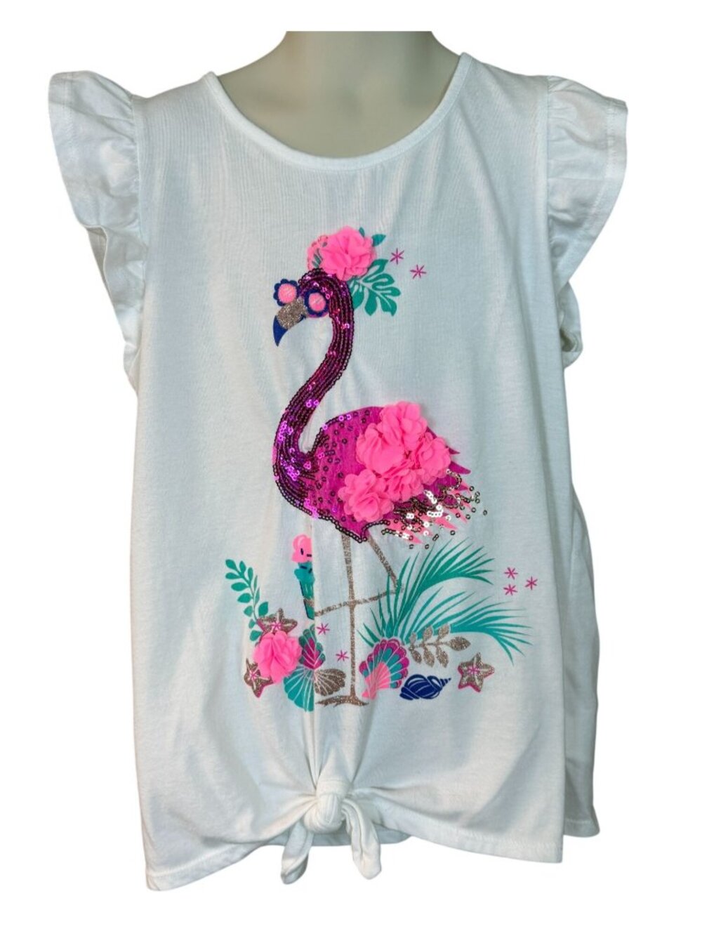 Tommy Bahama Girls Sequin Flamingo Ruffle Sleeve Tie Front Tee L 10/12